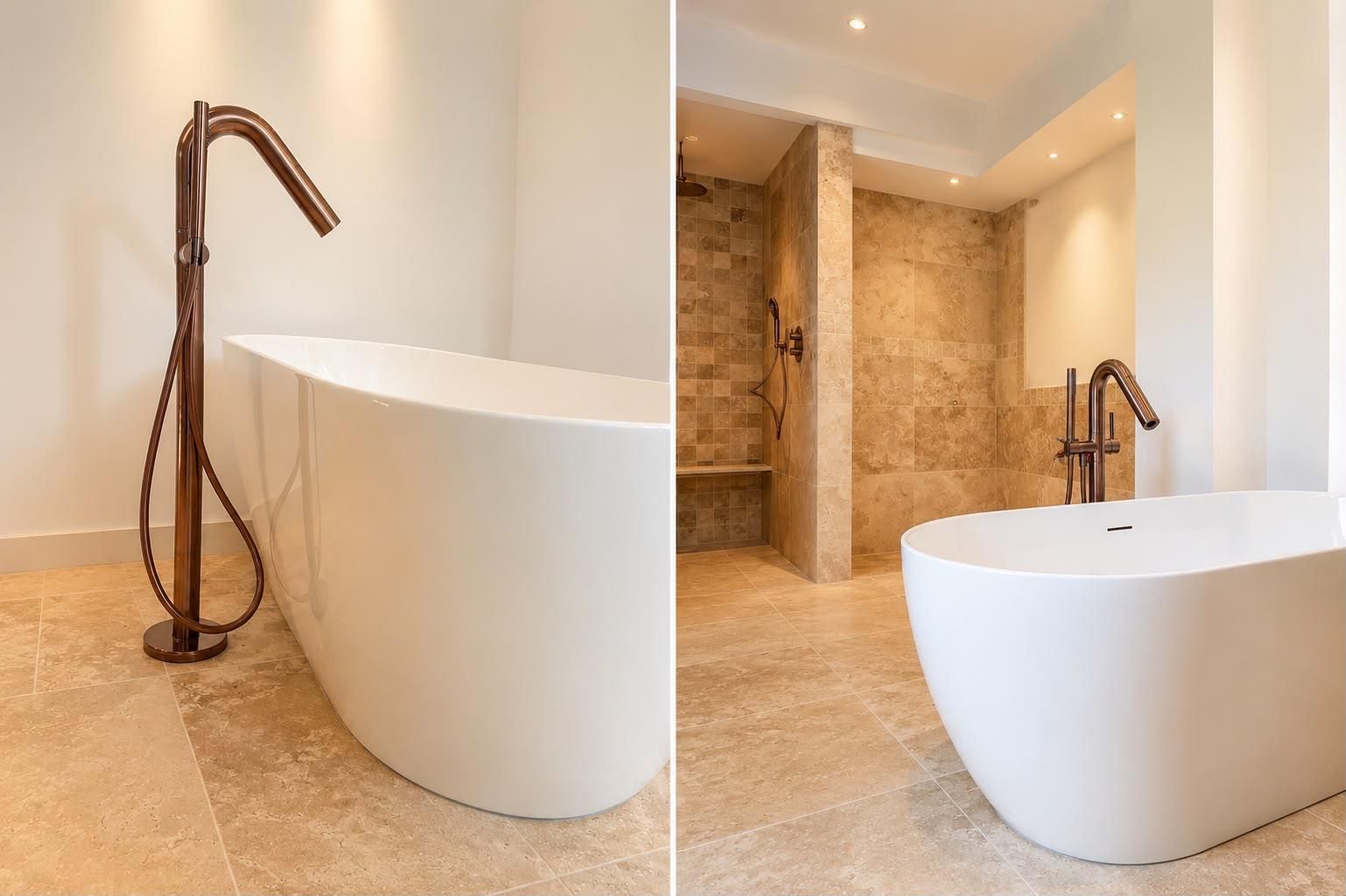 Baignoire îlot blanche avec robinetterie sur pied en cuivre, et douche à l’italienne carrelée en travertin